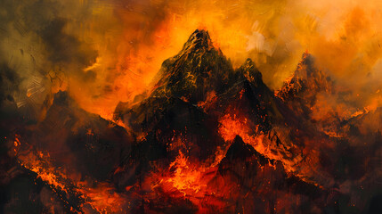 Volcanic Eruption: Fiery Mountain Spews Lava and Ash against a dark sky - obrazy, fototapety, plakaty