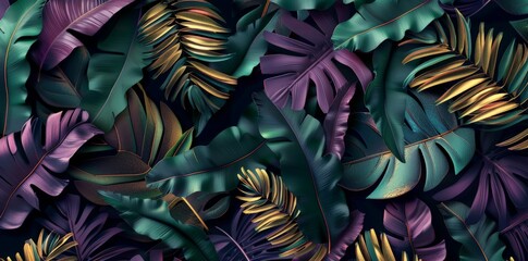 A cluster of green and purple leaves arranged in a colorful display, representing the beauty of nature - obrazy, fototapety, plakaty