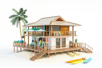 3D Render of a beachside surf club with equipment rentals and changing rooms, on isolated white background, Generative AI