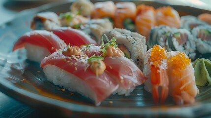 Sushi perfection displayed on a plate, each piece a work of culinary art. HD lens brings out the delicious details.