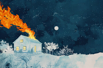 Minimalist illustration: House ablaze under starry sky, contemporary art style, white and indigo. - obrazy, fototapety, plakaty