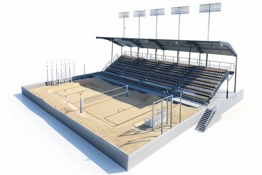 3D Render of a beach volleyball stadium with sand courts and shaded seating areas, on isolated white background, Generative AI