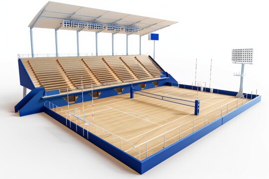 3D Render of a beach volleyball stadium with sand courts and shaded seating areas, on isolated white background, Generative AI