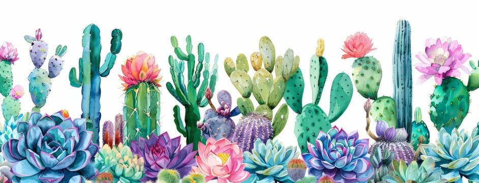 Watercolor painting showcasing various types of cactus and succulents with vibrant colors and intricate details