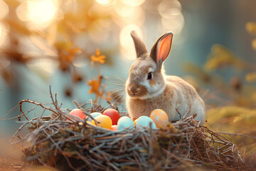 Fototapeta na wymiar Easter bunny with nest of Easter eggs in the magic forest background. Easter card