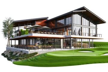 3D Render of a golf course clubhouse with a pro shop and outdoor terrace overlooking the course, on isolated white background, Generative AI