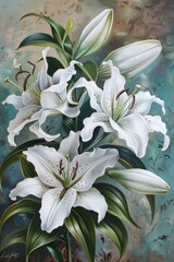 Obraz premium A painting depicting white flowers arranged in a vase, showcasing delicate petals and leafy green stems