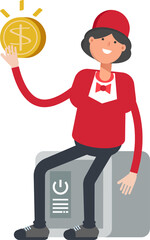 Waitress Character Sitting on Safe and Holding Dollar Coin

