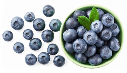 Blueberries in green bowl isolated on white background. Top view 