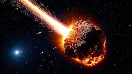 A fiery meteor ablaze with intense heat as it enters the earth's atmosphere, set against the backdrop of a starry night sky.