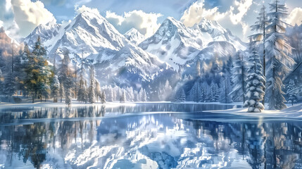 Serene lake reflecting the surrounding mountains, Snow-covered m