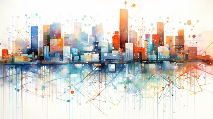 Abstract smart city watercolor painting, data connection with colorful lines and dots representing digital connectivity on white background.