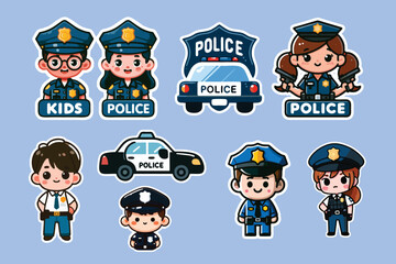kids police sticket set collection vector art. 