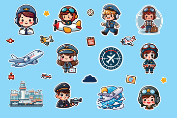 kids pilot sticket set collection vector art. 