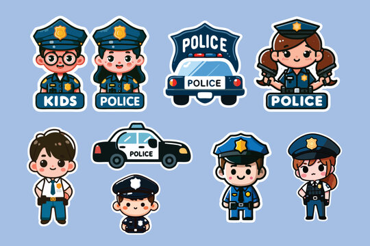 kids police sticket set collection vector art. 