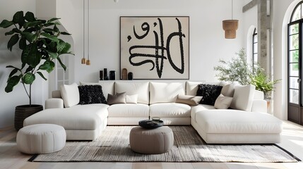 Effervescent Modern Living Room with Arabic Calligraphy Wall Art and Aloe Vera Plants