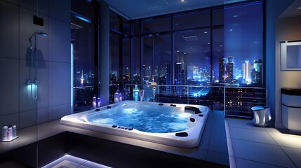 Elegant Bathroom Luxury Jacuzzi with City Skyline View at Night