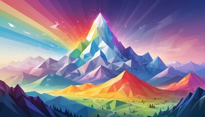 Radiant Spectrum: Dynamic Aura Pulsating with Vibrant Rainbow Colors Amidst Crisp Clear Mountain Peaks, Capturing Nature's Majesty and Chromatic Brilliance