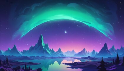 Naklejka premium Cosmic Canvas: Aura Bathed in Aurora Green, Polar Blue, and Cosmic Purple Against the Infinite Canvas of a Starry Night Sky, A Captivating Display of Celestial Beauty and Serenity