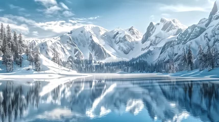 Photo sur Plexiglas Réflexion Serene lake reflecting the surrounding mountains, Snow-covered m