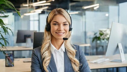 Call center, customer support service. Confident positive woman, call center operator 