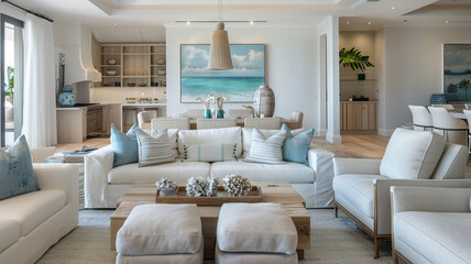 Fototapeta premium Embracing a contemporary coastal design in the living room with a palette of sandy beige, aqua blue, and driftwood accents for a relaxed and beachy vibe.