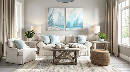 Embracing a contemporary coastal design in the living room with a palette of sandy beige, aqua blue, and driftwood accents for a relaxed, beachy vibe.