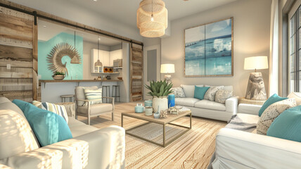 Embracing a contemporary coastal design in the living room with a palette of sandy beige, aqua blue, and driftwood accents for a relaxed, beachy vibe. - obrazy, fototapety, plakaty