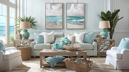 Embracing a contemporary coastal design in the living room with a palette of sandy beige, aqua blue, and driftwood accents for a relaxed and beachy vibe. - obrazy, fototapety, plakaty