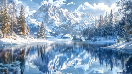 Fototapeta na wymiar Serene lake reflecting the surrounding mountains, Snow-covered m