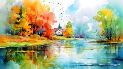 Fototapeta na wymiar A tranquil watercolor painting captures the essence of fall with a reflective lake, colorful trees, and a quaint cabin.
