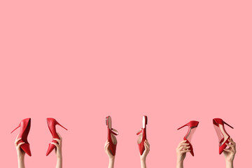 Women with red shoes on pink background
