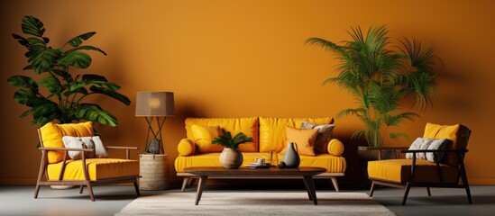 A living room with vibrant yellow furniture against orange walls, creating a bold and energetic interior design in the house with a cozy couch and a sleek table