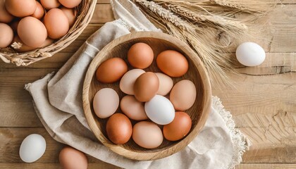 Chicken eggs of different brown and beige shades in a large wooden bowl on a wooden table  - 757711349