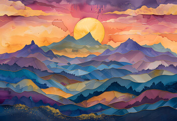 watercolor image of mountains with a sunset over them, in the style of colorful patchwork, gold and azure, organic contours, silk painting, dark magenta and gold, high detailed, paper sculptures  - obrazy, fototapety, plakaty