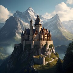 Medieval German castle surrounded by mountains high fantasy epic digital art