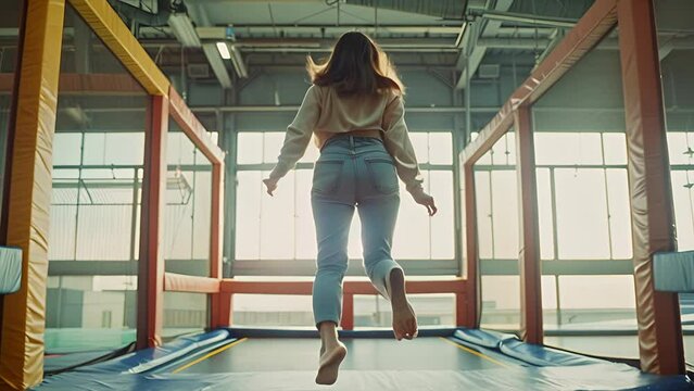 A teenage girl from behind floating in midair in slow motion at an indoor trampoline park