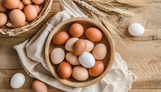 Chicken eggs of different brown and beige shades in a large wooden bowl on a wooden table 
