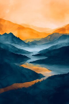abstract painting of the valley and mountains at sunset, in the style of watercolor illustrations, dark orange and dark azure, romantic riverscapes, mysterious backdrops, calming symmetry, calm waters
