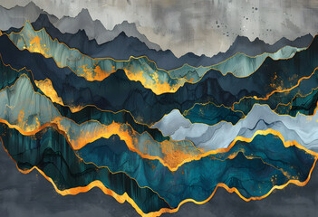 watercolor image of mountains with a sunset over them, in the style of colorful patchwork, gold and azure, organic contours, silk painting, dark magenta and gold, high detailed, paper sculptures  - obrazy, fototapety, plakaty