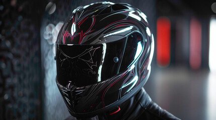 Striking black motorcycle helmet featuring intricate designs and a sleek visor for ultimate safety and style on the road.
