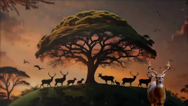 Animals silhouette under big tree at sunset. Seamless looping time-lapse 4k video animation background