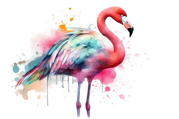 illustration d Watercolor Colorful Flamingo painted background body portrait cute pink blank splashes bird - obrazy, fototapety, plakaty