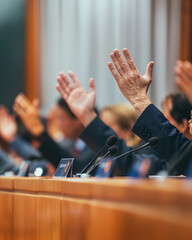 News from parliamentary meetings: voting on various issues, many hands raised in unison as a symbol of unity in decision-making. - obrazy, fototapety, plakaty