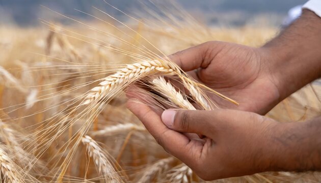Close-up of human hands inspecting ears of barley.