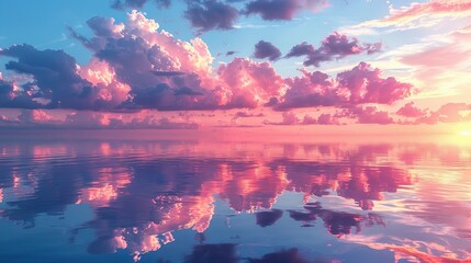Naklejka premium Soft clouds in shades of pink and lavender are mirrored in the still waters of the lake creating a picturesque sunset scene