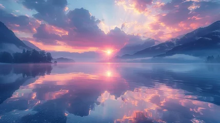 Fotobehang Soft clouds in shades of pink and lavender are mirrored in the still waters of the lake creating a picturesque sunset scene © Jennifer