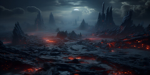 fire in the forest, Gorge of dark entities digital, Concept art for moon palace, Generative AI