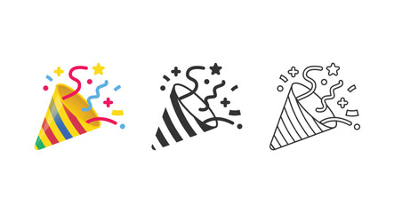 Set of Confetti party popper colorful line icon set vector, filled flat sign, solid pictogram isolated on white. Celebration symbol, logo illustration. 