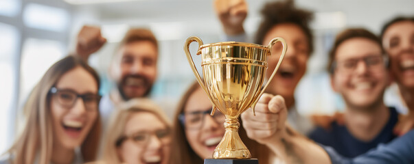 A jubilant team of coworkers celebrates a significant achievement, holding a golden trophy as a...